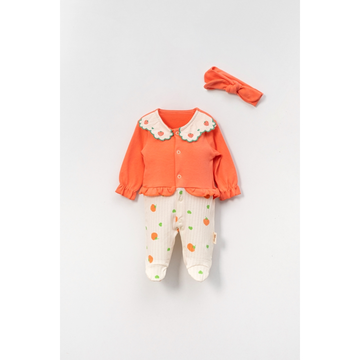 ÇİLEK YAKA NAKIŞLI VE ÇİLEK BASKILI BEBE TULUM 2879