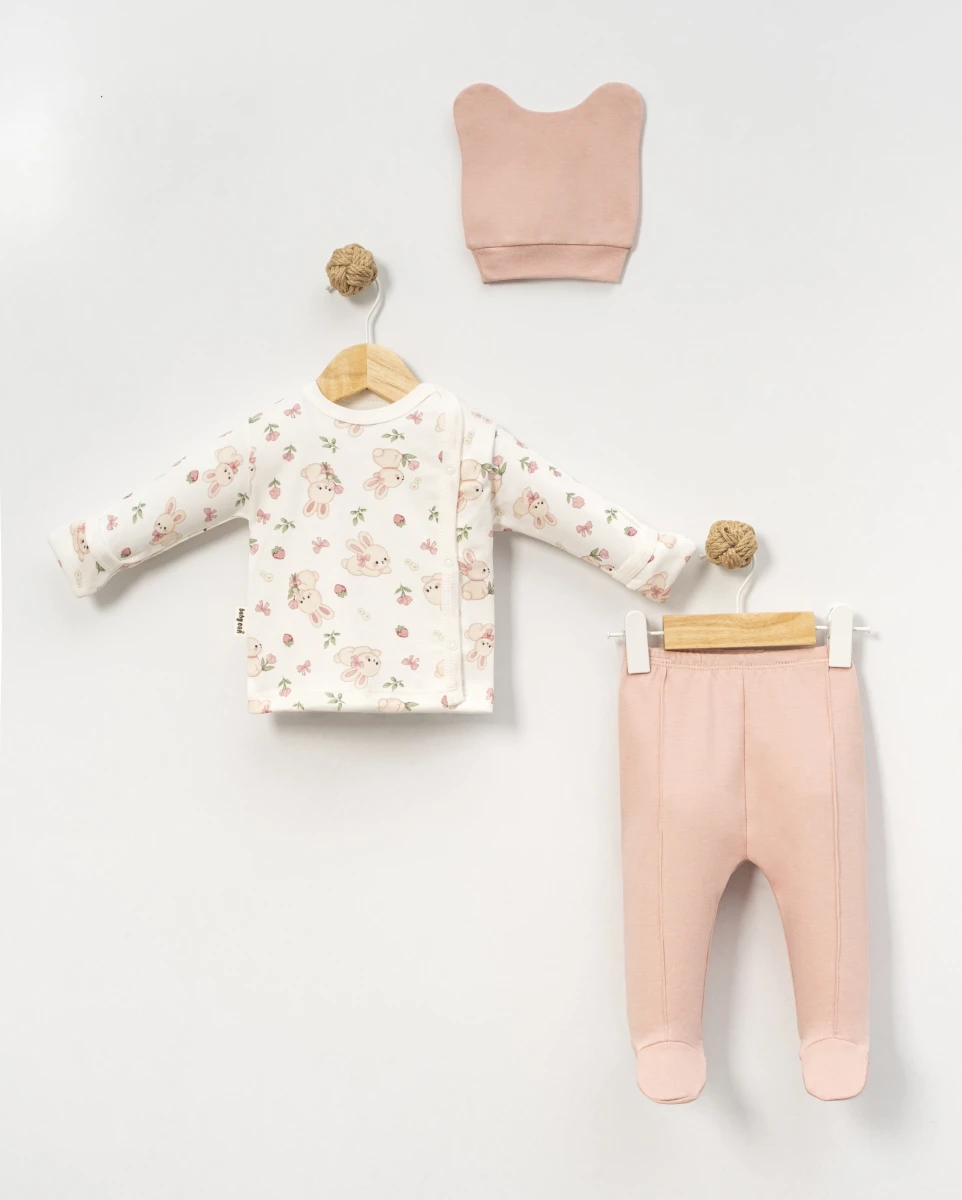 ÇİLEKLİ TAVŞAN BASKILI 3 LÜ KIZ BEBE TAKIM 9461