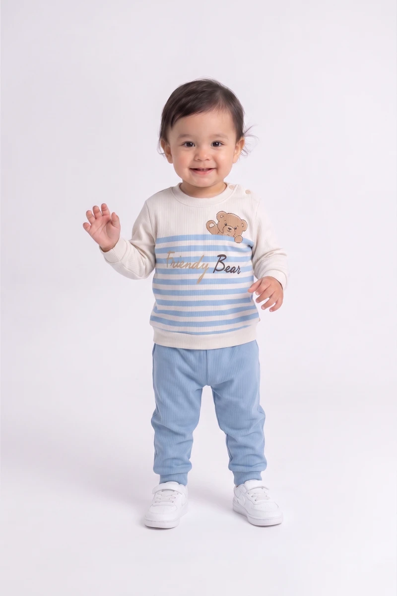  ÇİZGİLİ AYI BASKILI RAPORLU 2 İP ERKEK BEBE TAKIM 5436