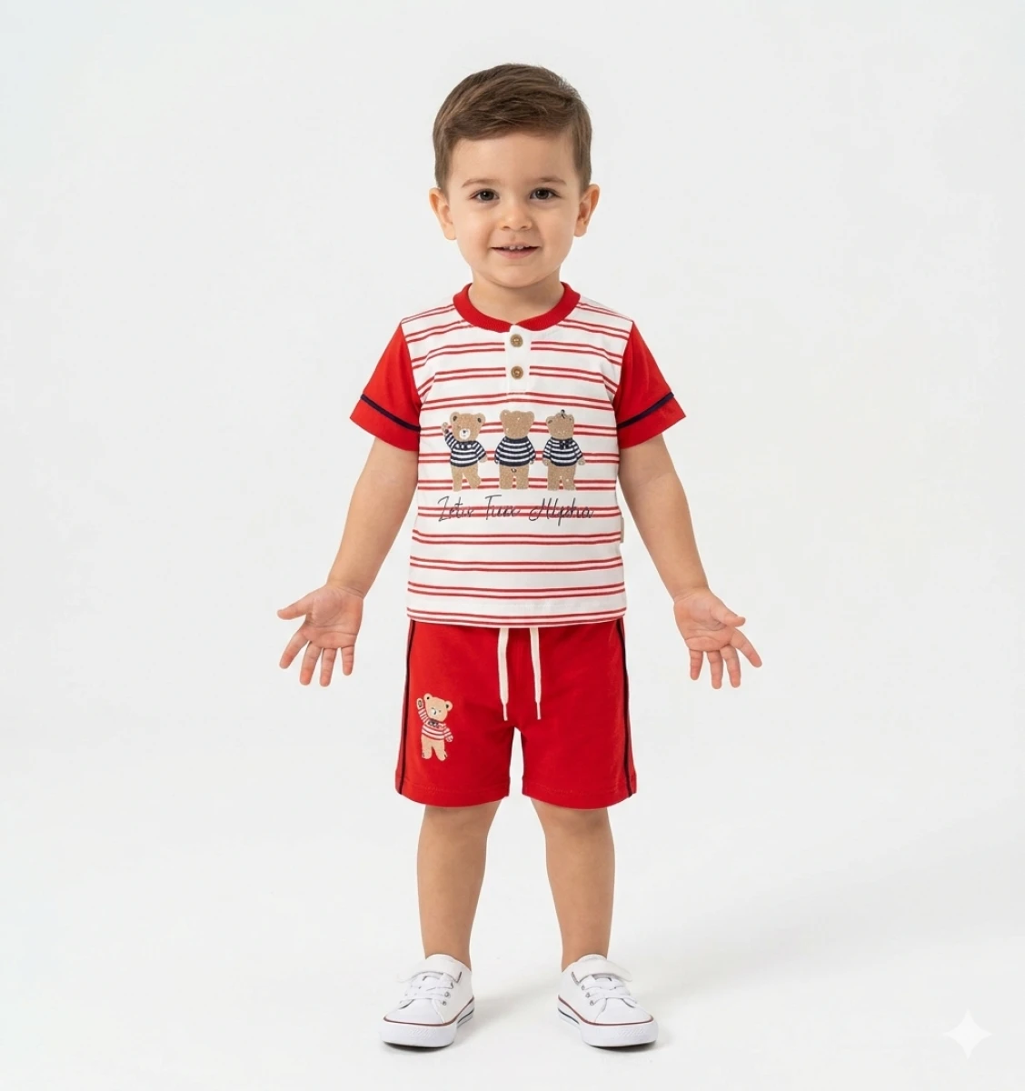 ÇİZGİLİ AYICIK BASKILI ŞORTLU ERKEK BEBE TAKIM 6029