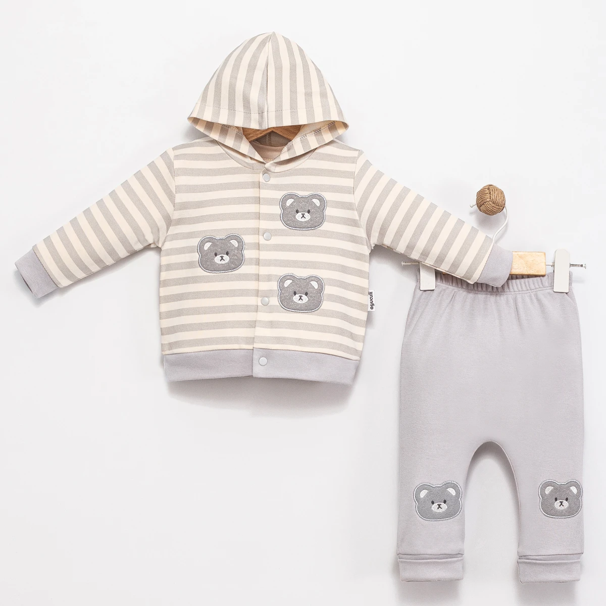 ÇİZGİLİ AYICIK NAKIŞLI 3 LÜ ERKEK BEBE TAKIM 6106