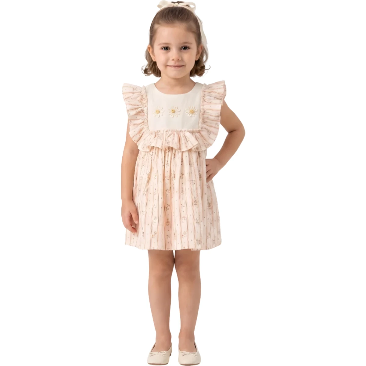 ÇİZGİLİ ÜÇ PAPATYALI KIZ ÇOCUK ELBİSE 6519