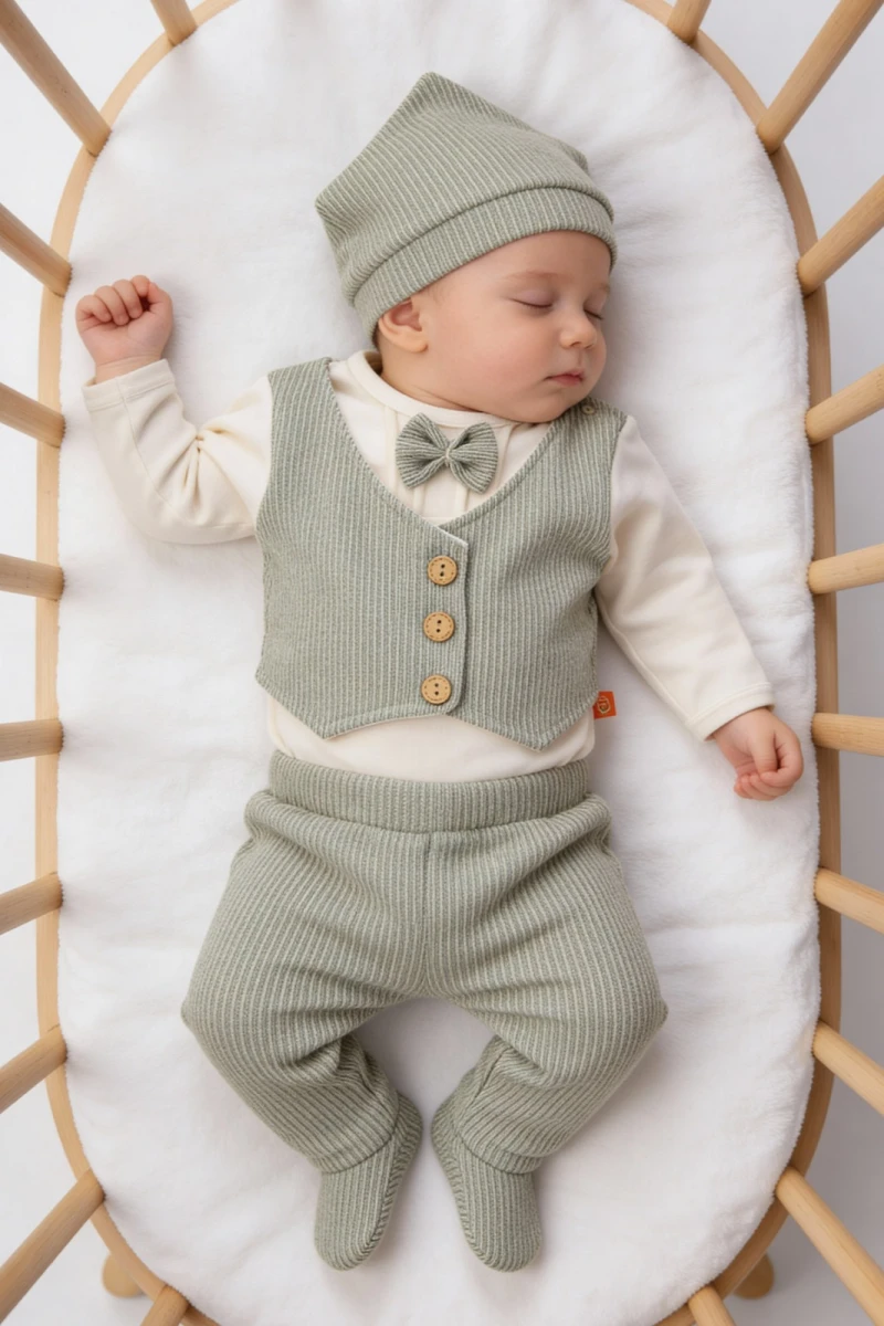 ÇİZGİLİ YELEKLİ PAMUKLU 3 LÜ ERKEK BEBE TAKIM 6249