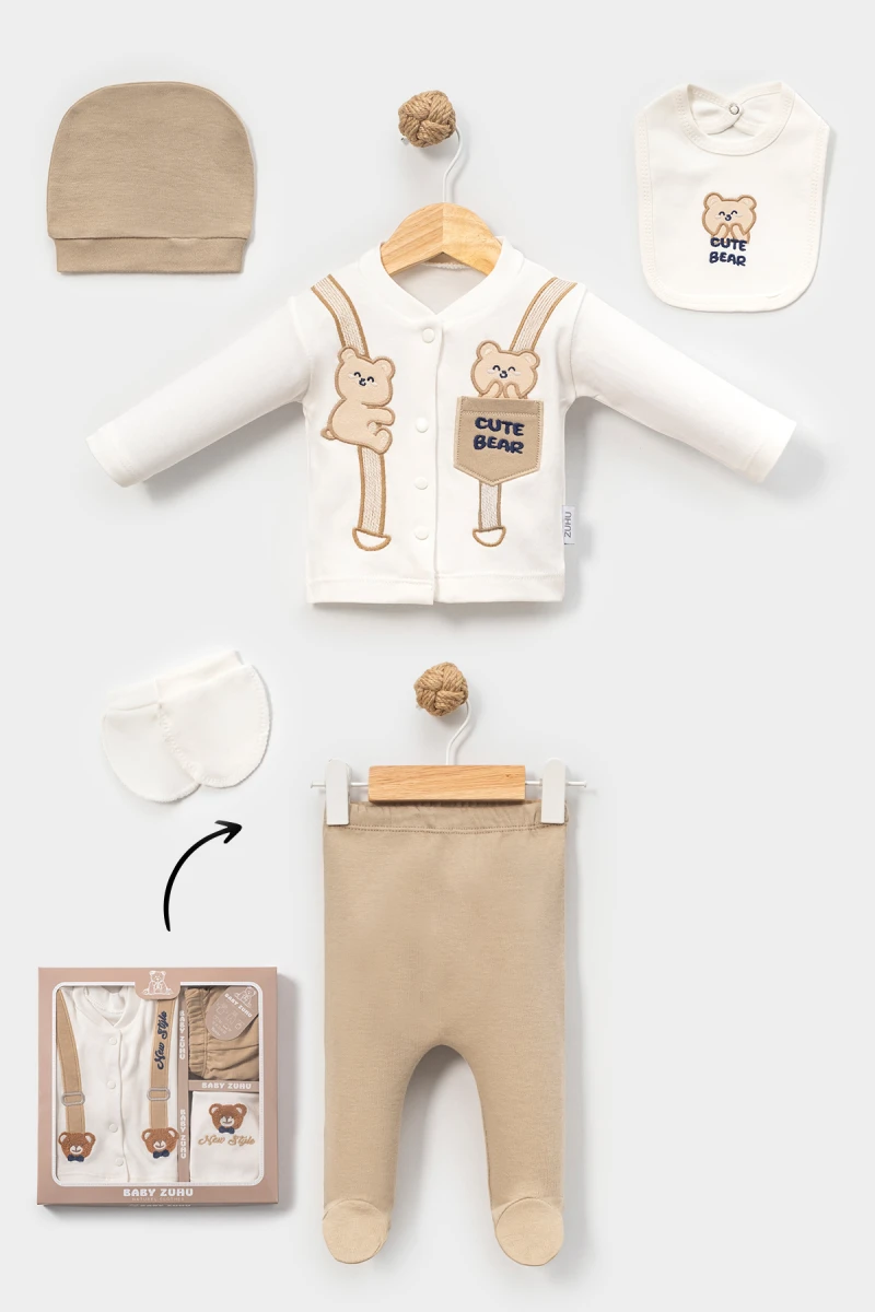 CUTE BEAR NAKIŞLI ERKEK BEBE 5 Lİ ZIBIN SET 2087