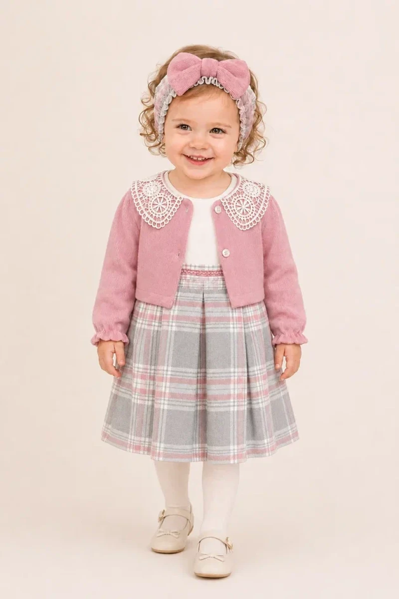 DANTEL YAKALI PİLİSE ETELİ KIZ BEBE TAKIM 6551