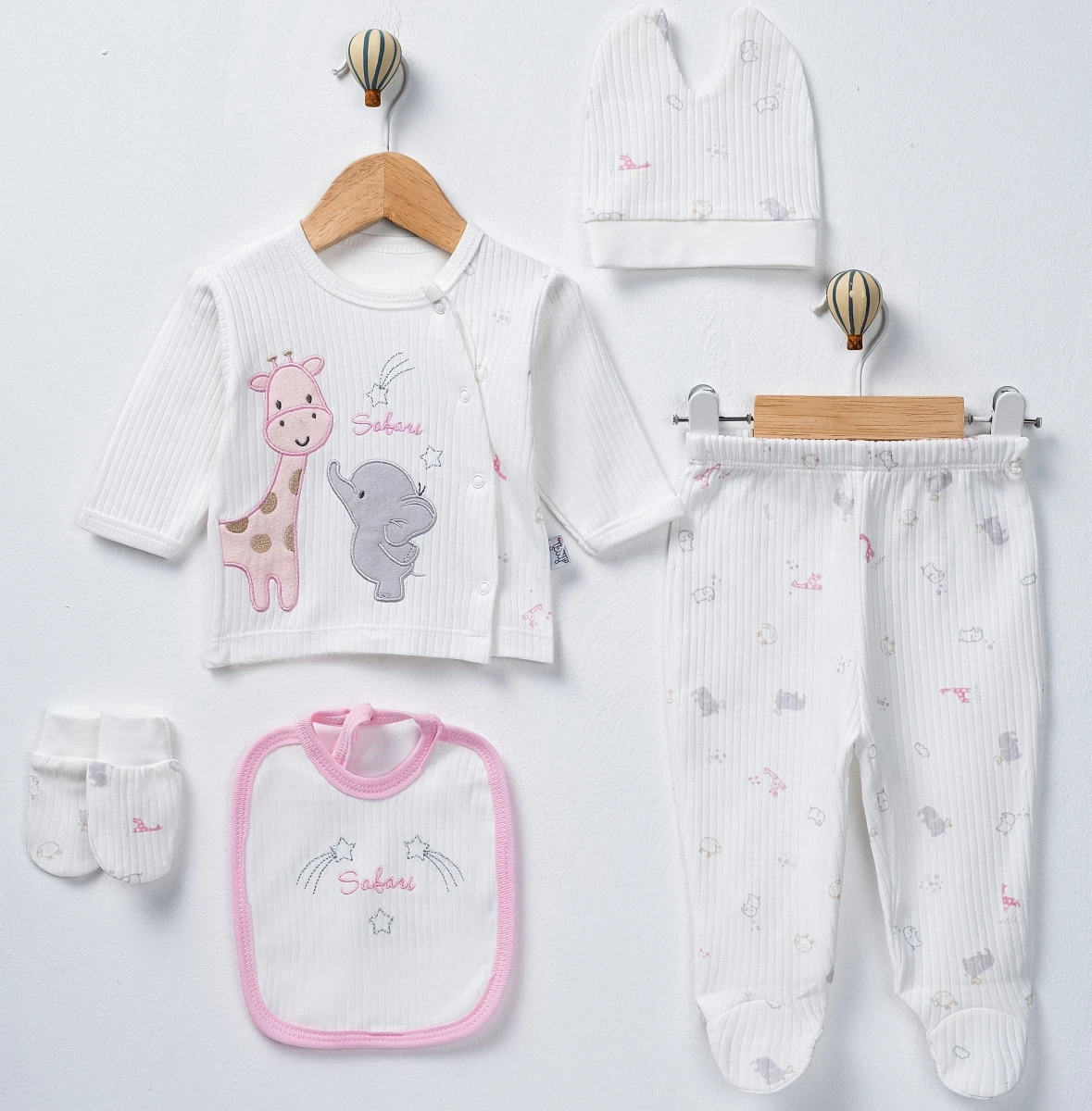 FİL VE ZÜRAFA NAKIŞLI BEBE 5 Lİ ZIBIN SET 1021
