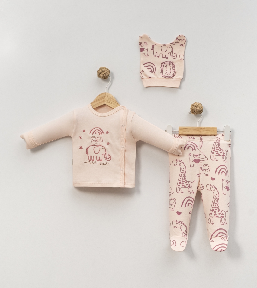 FİLLİ KEDİ NAKIŞLI 3 LÜ BEBE TAKIM 9437