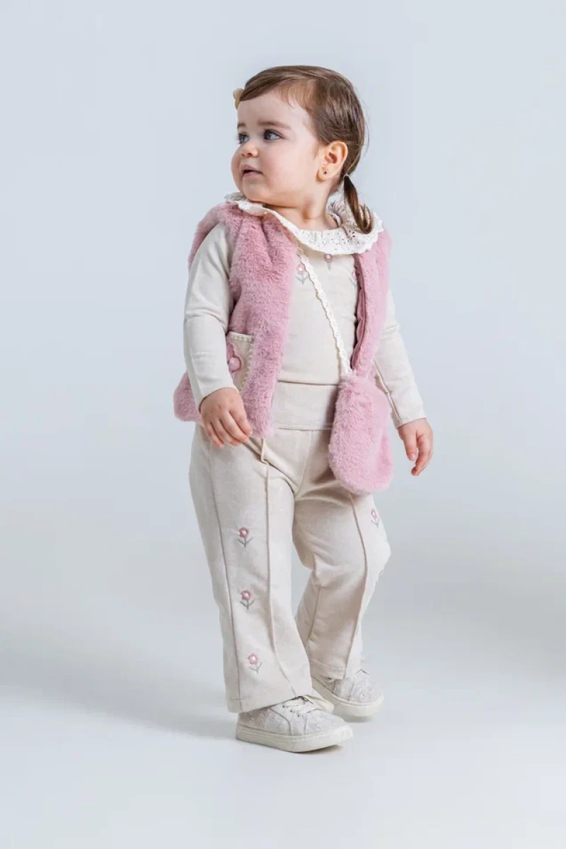 FİSTO YAKA PELUŞ YELEKLİ 4 LÜ KIZ BEBE TAKIM  2287
