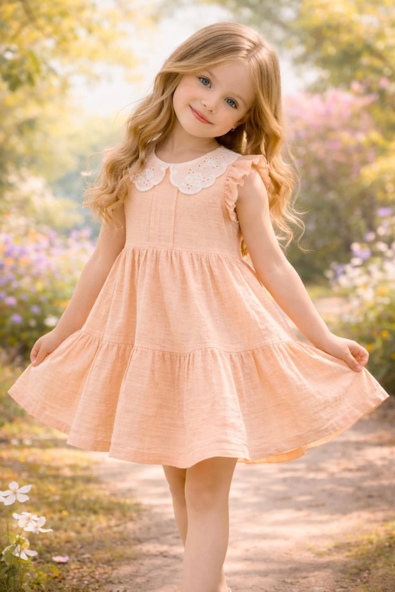 FİSTO YAKALI PİLELİ KIZ ÇOCUK ELBİSE 3632