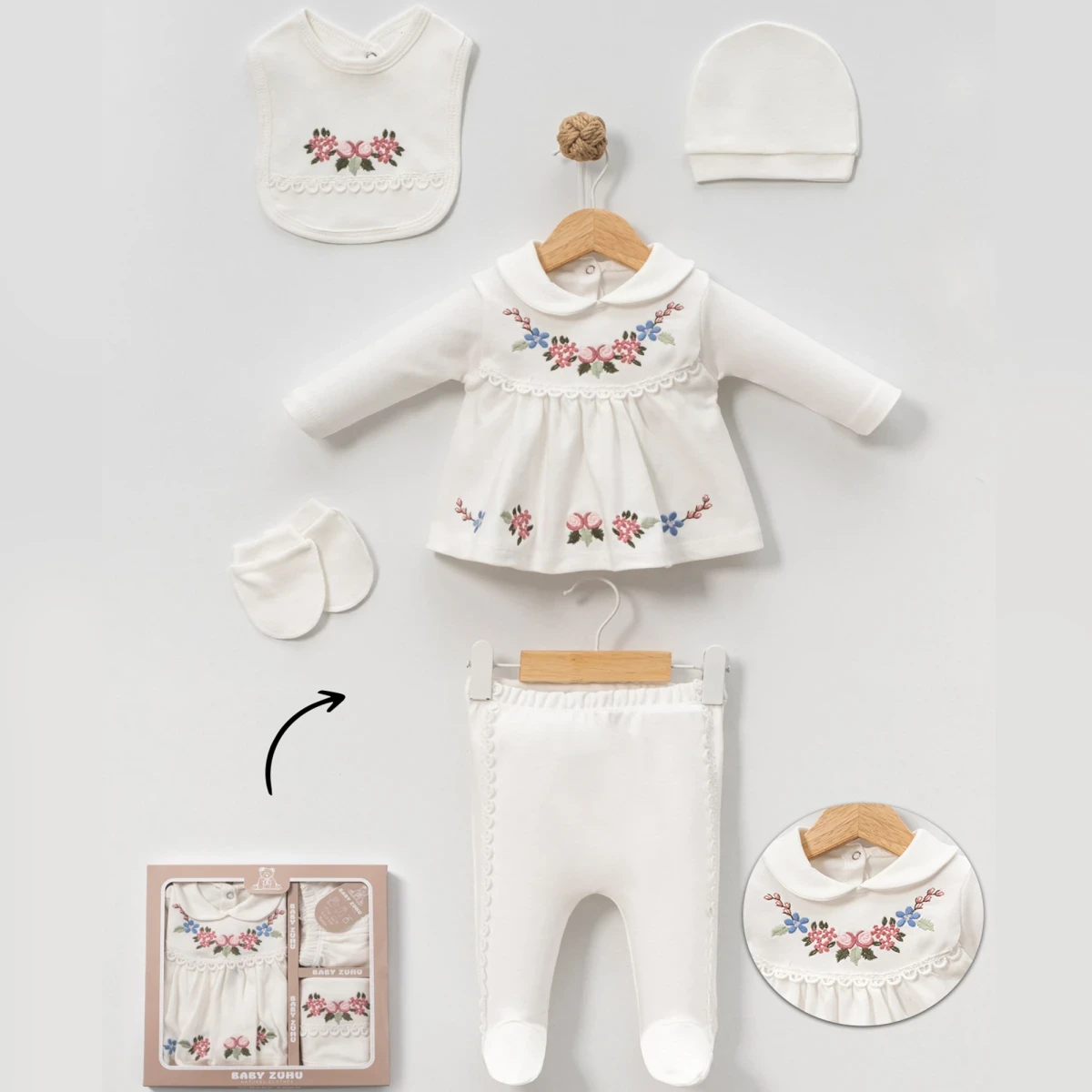 FİSTOLU ÇİÇEK NAKIŞLI KIZ BEBE 5 Lİ ZIBIN SET 100