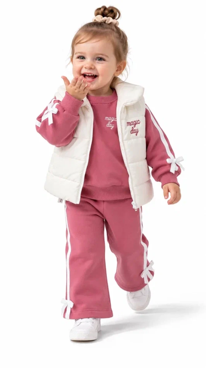 FİYONK DETAYLI YELEKLİ 3 İP KIZ BEBE TAKIM 4141