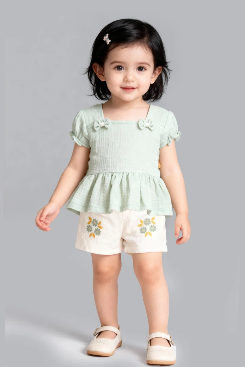 FİYONKLU ÇİÇEKLİ YAZLIK KIZ BEBE TAKIM 2559