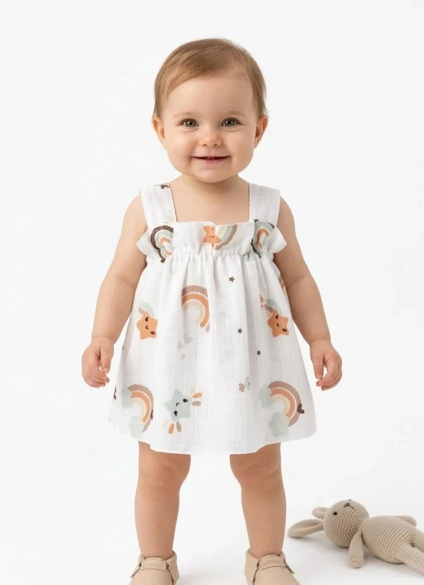 GÖKKUŞAĞI BASKILI KIZ BEBE MÜSLİN ELBİSE 002