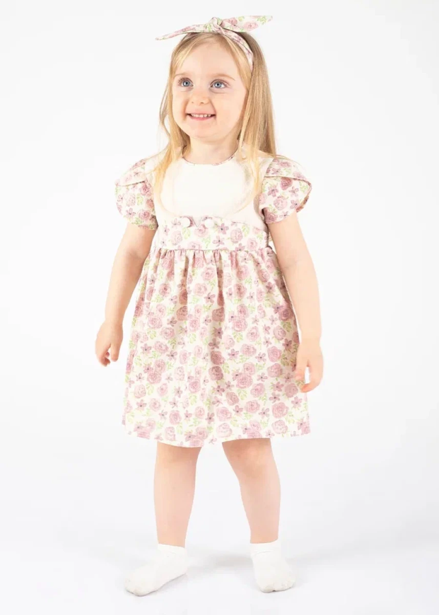 GÜL BASKILI KISA KOL KIZ BEBE ELBİSE 3160