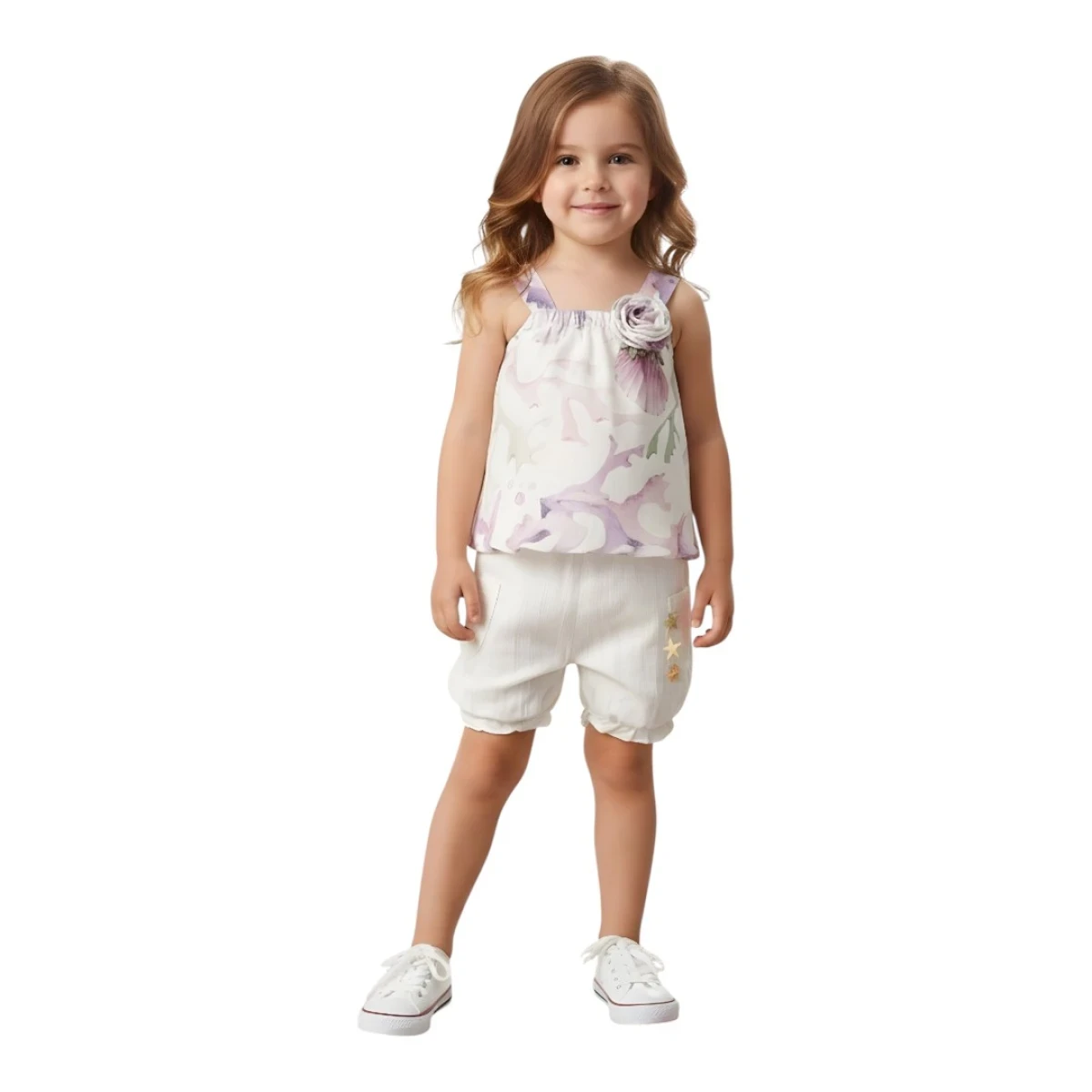 GÜL BROŞ VE BASKILI KIZ BEBE TAKIM 3044