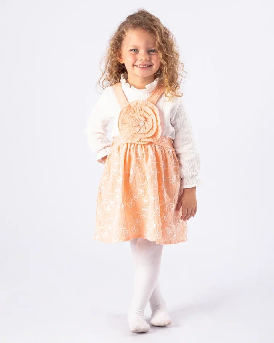 GÜL DETAYLI SÜZENELİ MÜSLİN KIZ BEBE ELBİSE 5147