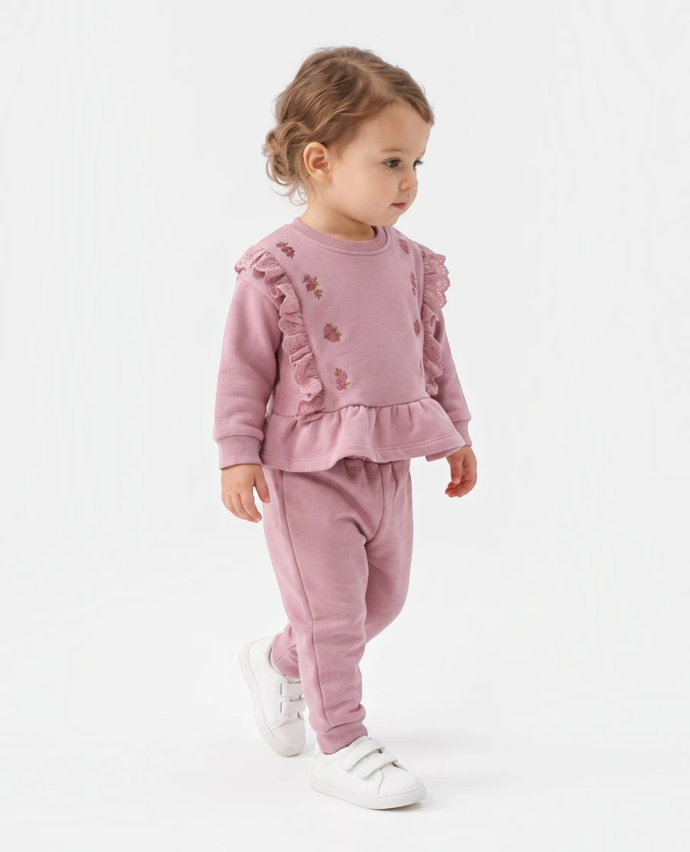 GÜL NAKIŞLI BRODELİ 3 İP KIZ BEBE TAKIM V3311