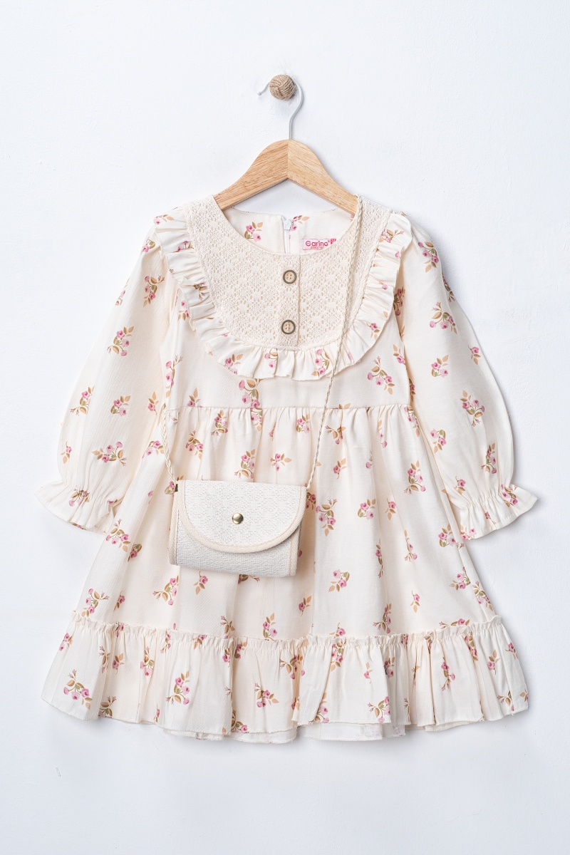 GÜLLÜ DANTEL GARNİLİ ÇANTALI KIZ ÇOCUK ELBİSE 4402