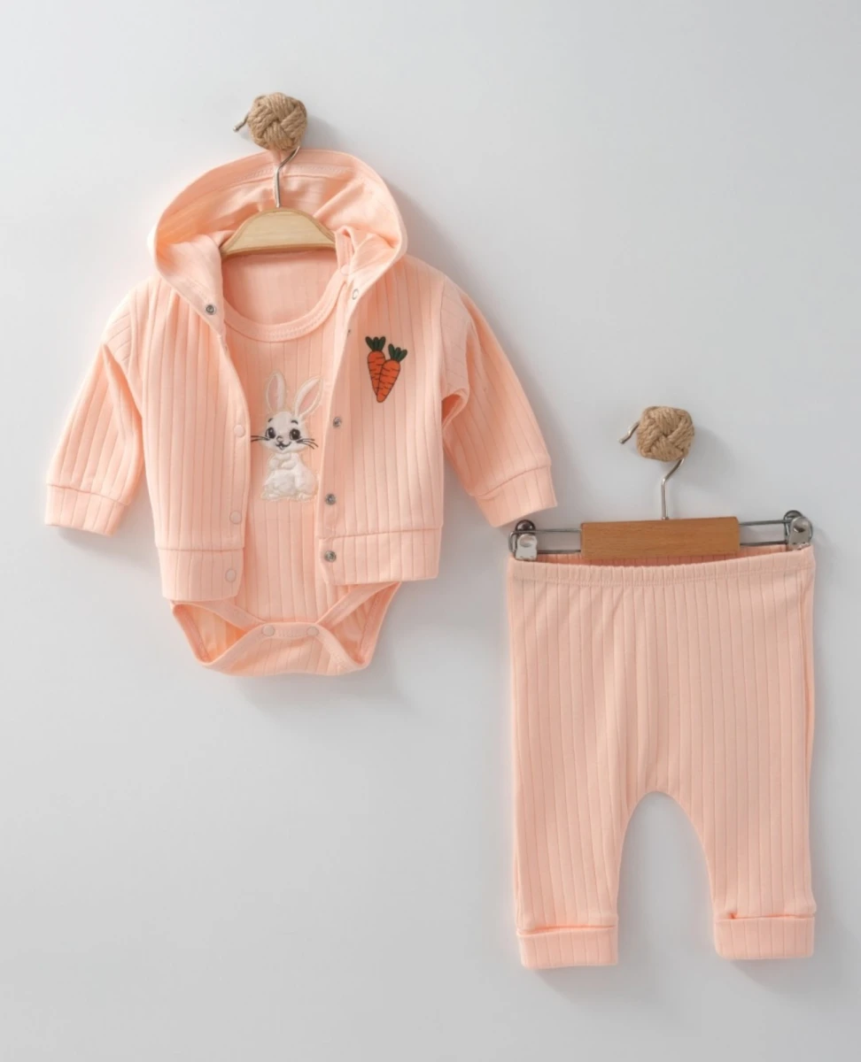 HAVUÇ-TAVŞAN NAKIŞLI HIRKALI 3'LÜ BEBE TAKIM 1241