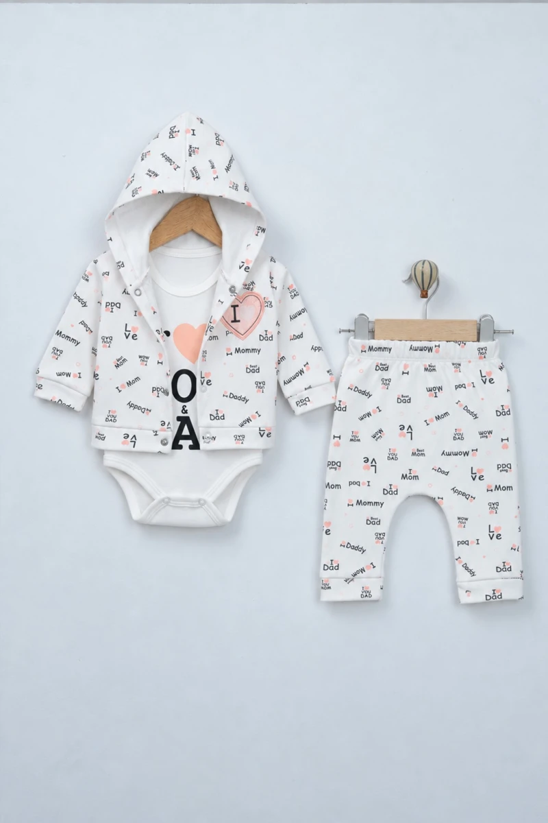 I LOVE MOM DAD KAPÜŞONLU PAMUKLU 3 LÜ KIZ BEBE TAKIM 13013