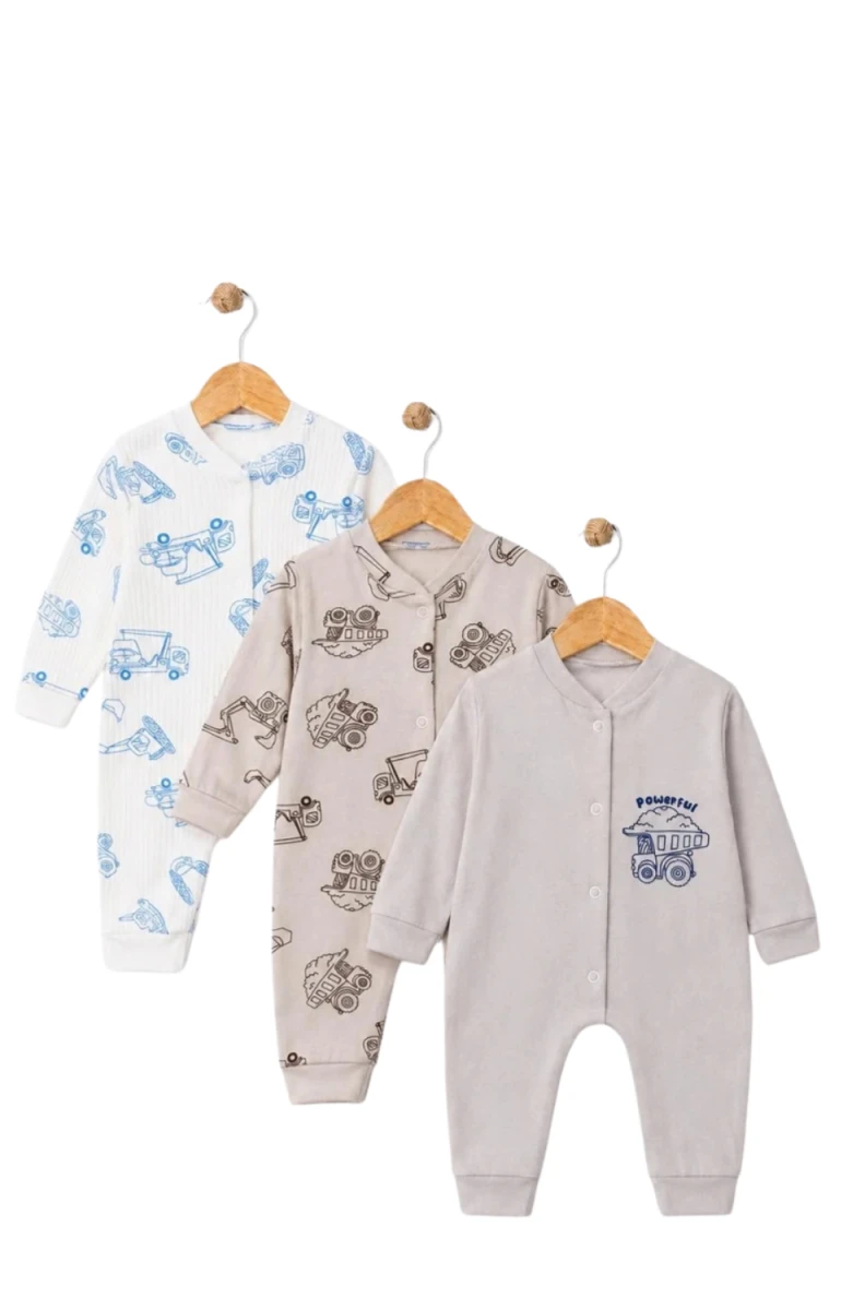İŞ MAKİNESİ 3 LÜ KONSEPT MANŞETLİ ERKEK BEBE TULUM 500010