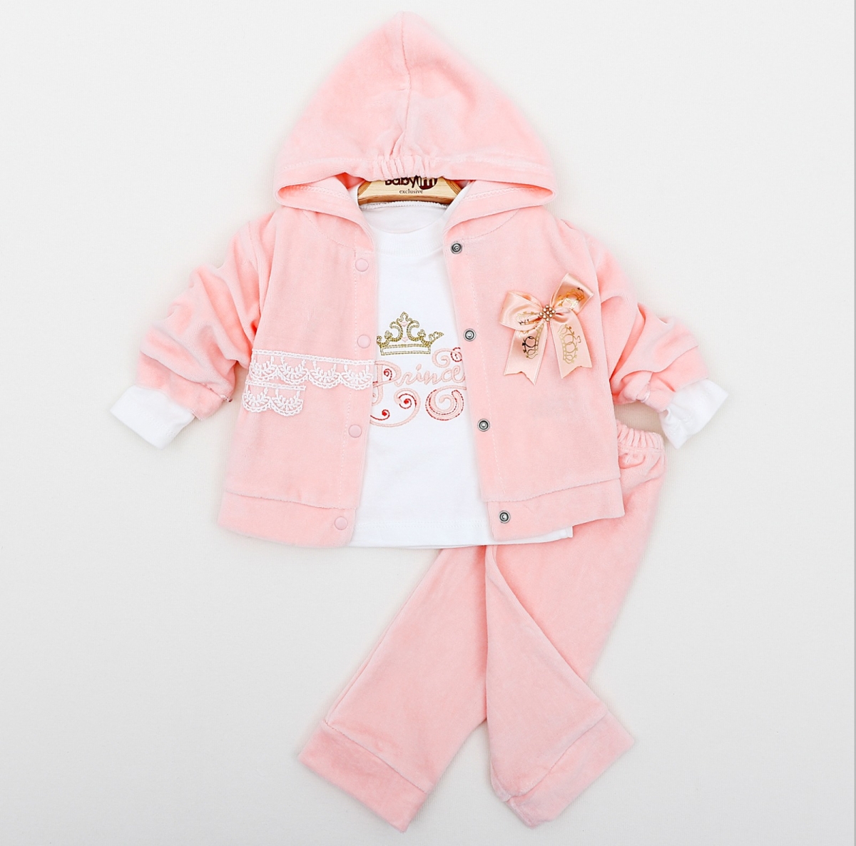 KADİFE PRINCESS NAKIŞLI 3LÜ KAPŞONLU BEBE TAKIM 2426