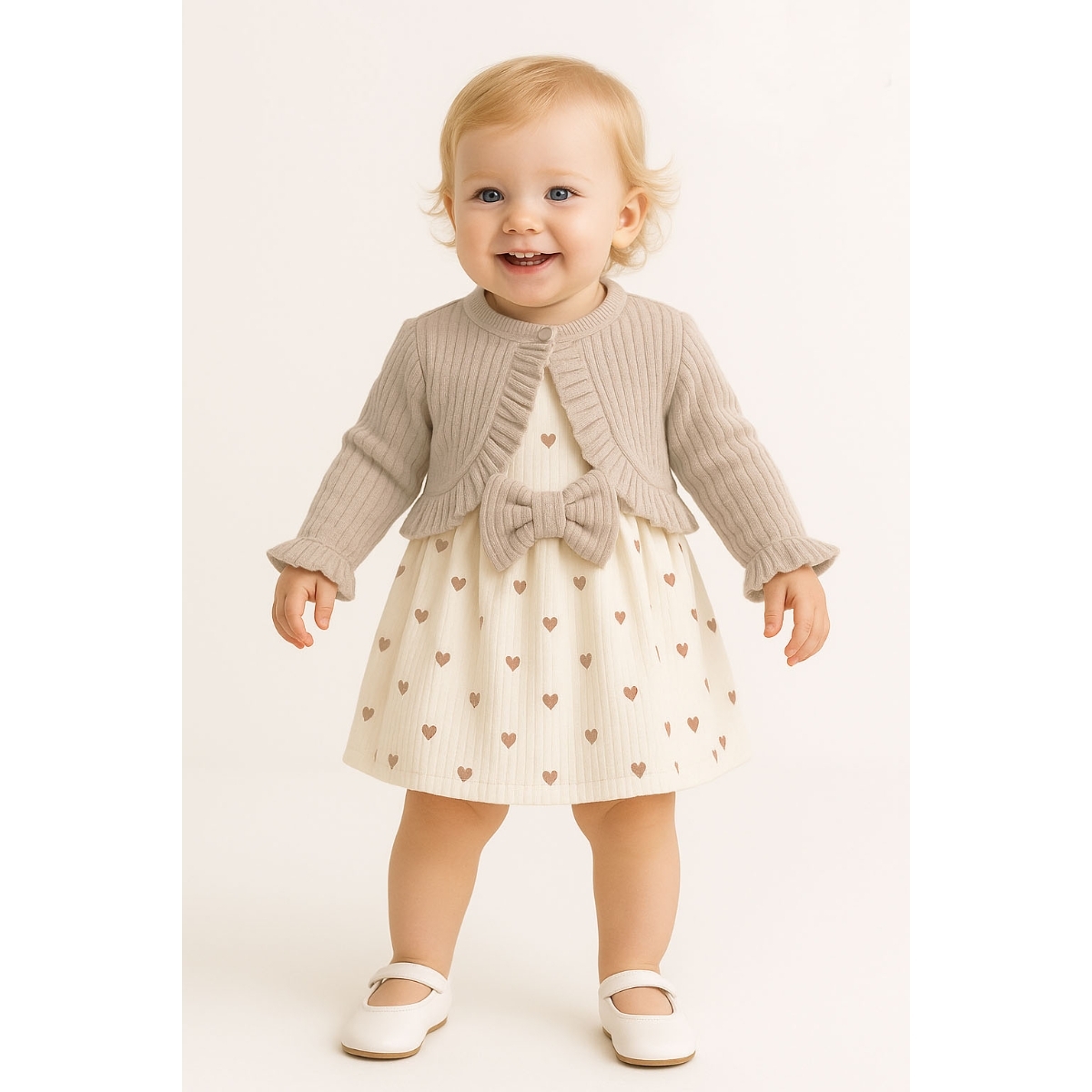 KALP BASKILI BOLERO DETAYLI KIZ BEBE ELBİSE 8006