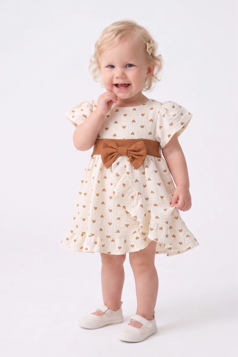 KALP BASKILI FİYONKLU KIZ BEBE ELBİSE 1006