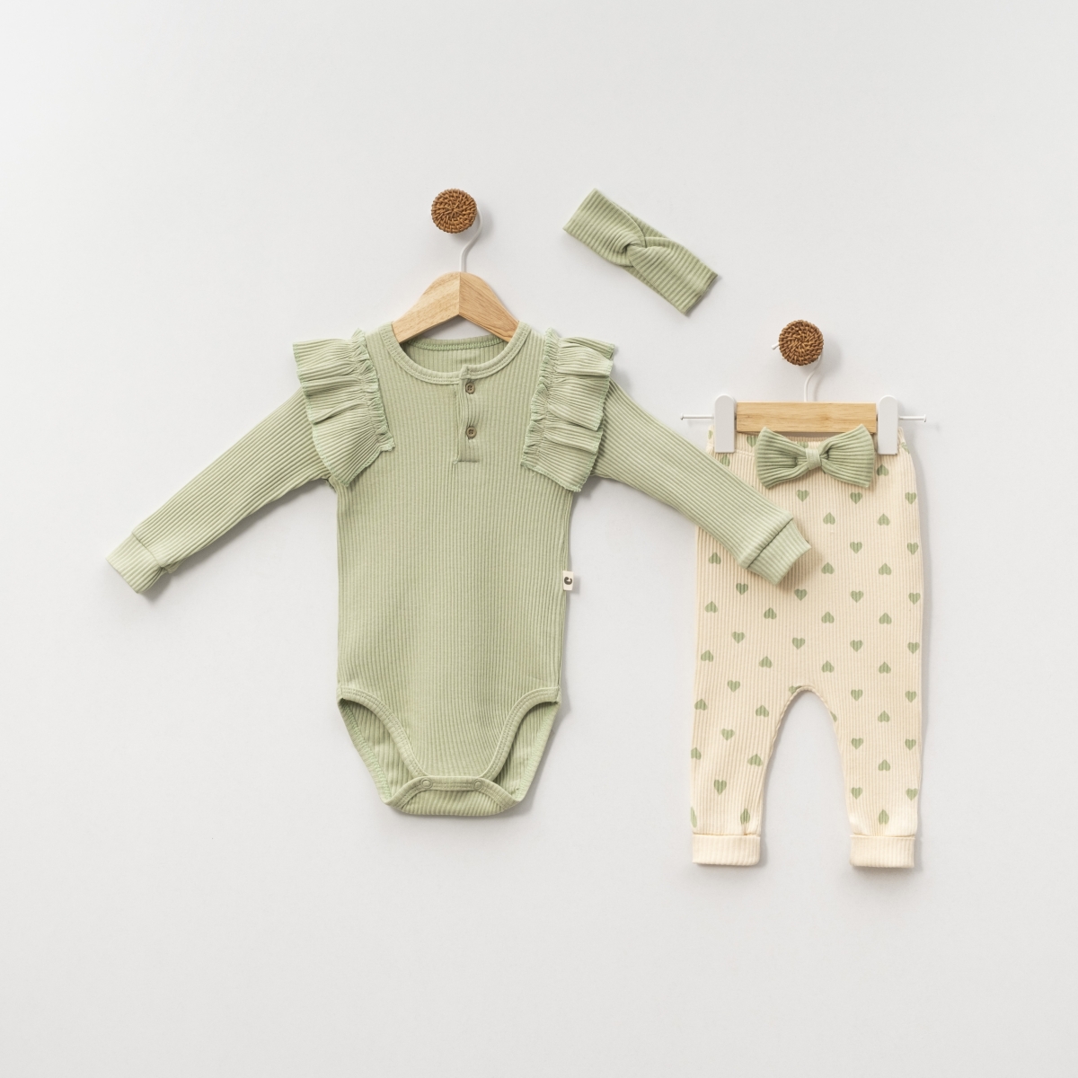 KALP BASKILI SAÇ BANTLI BADİLİ BEBE TAKIM 5017
