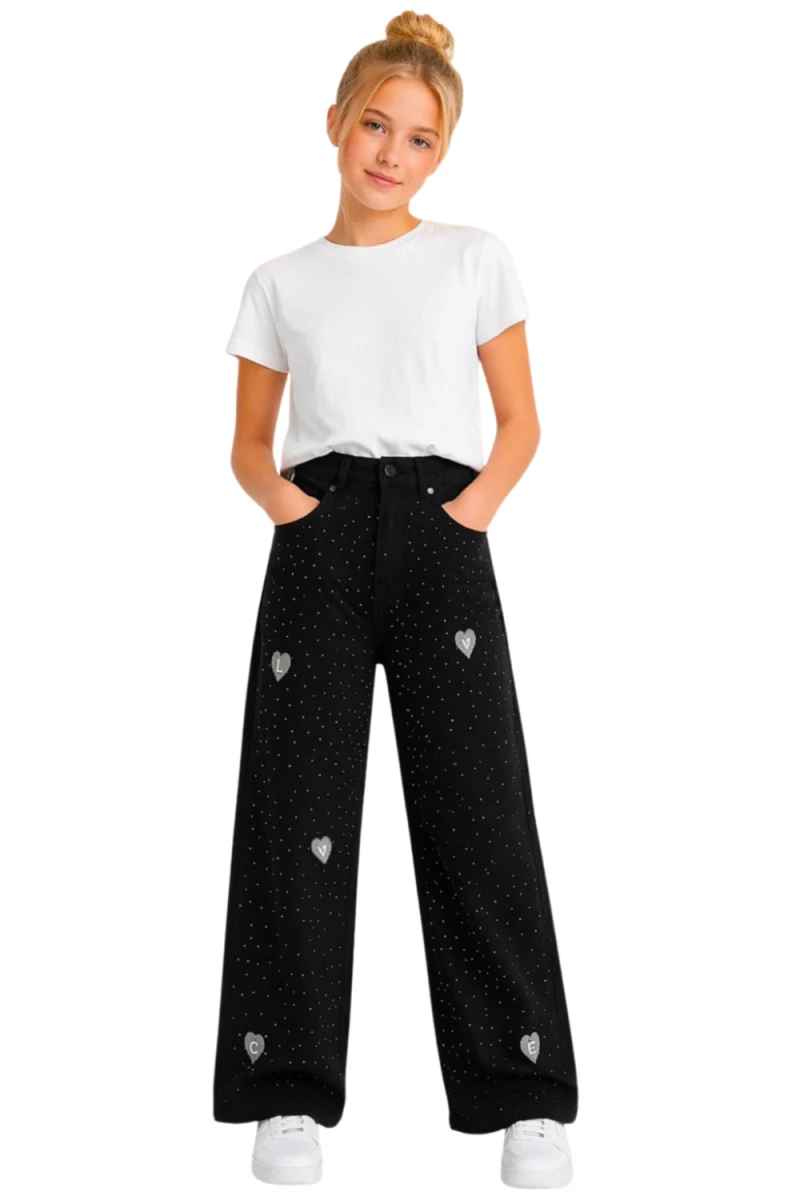 KALP VE TAŞ İŞLEMELİ KIZ ÇOCUK KOT PANTALON 1666