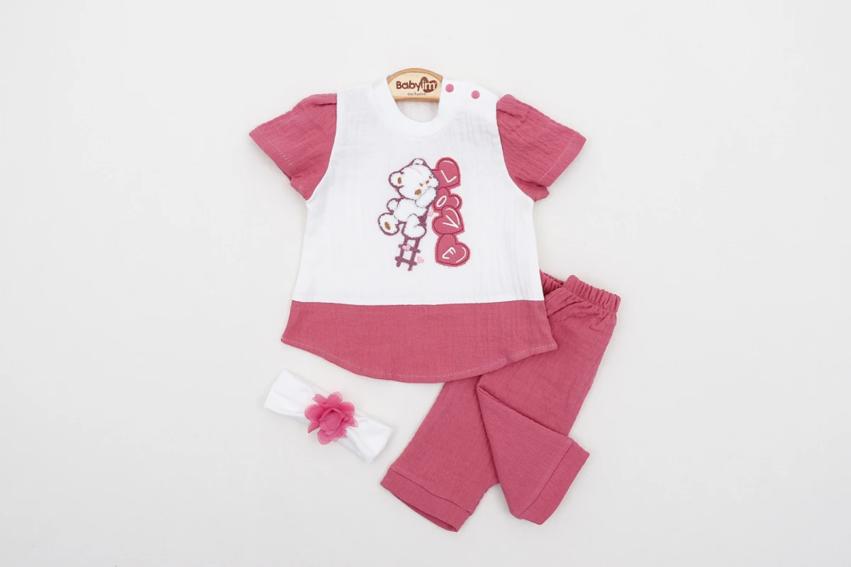 KALPLİ AYICIK NAKIŞLI 2 Lİ KIZ BEBE TAKIM 4054