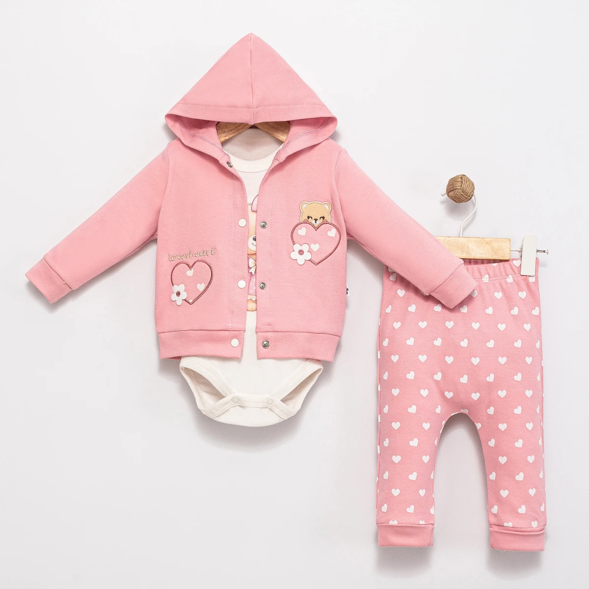 KALPLİ ÇİÇEK MOTİFLİ PAMUKLU 3 LÜ BEBE TAKIM 6100