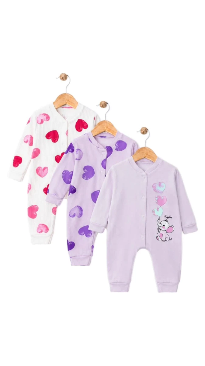 KALPLİ FİL PAMUKLU MANŞETLİ 3 LÜ KIZ BEBE TULUM 500004