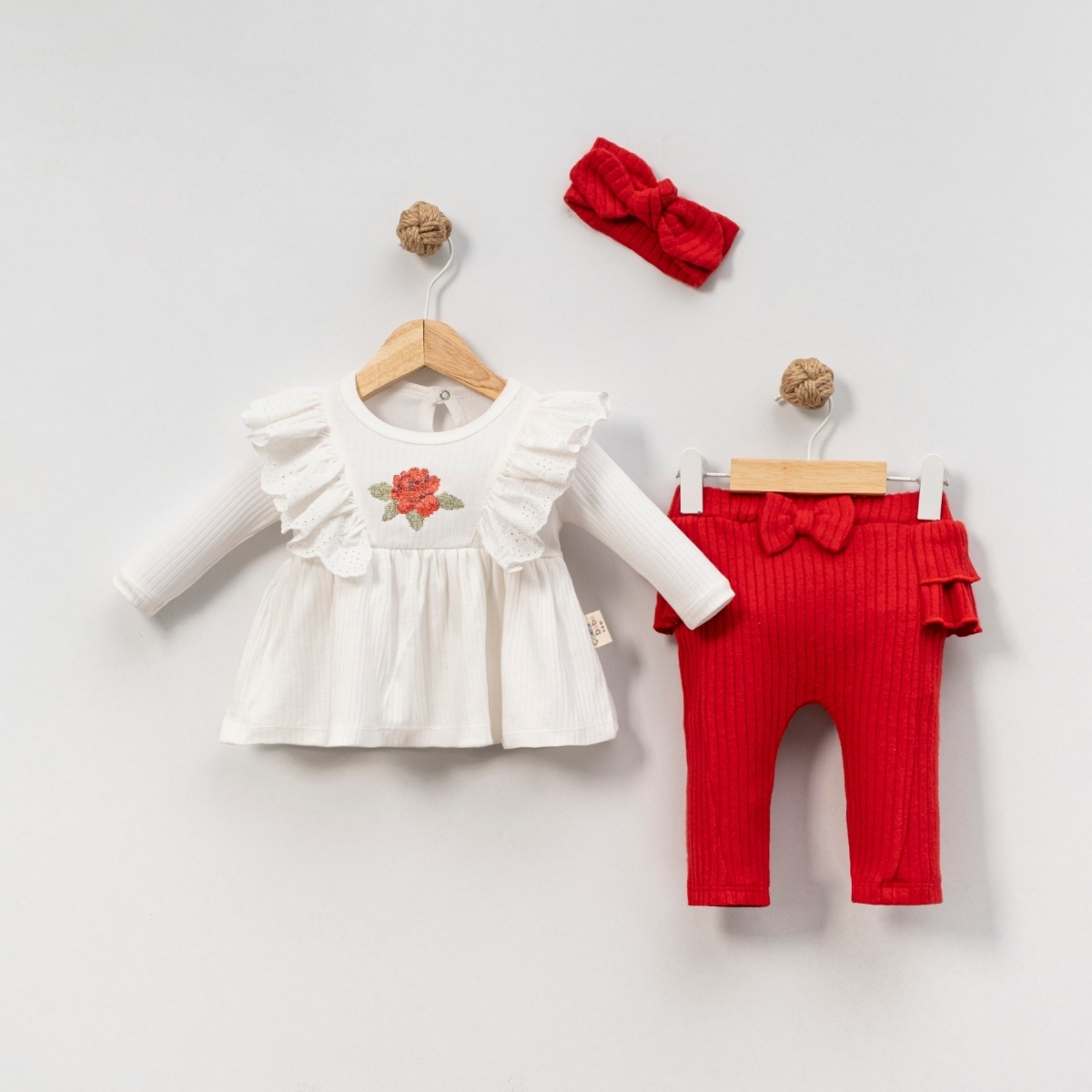 KANAVİÇE ÇİÇEK NAKIŞLI KIZ 3 LÜ BEBE TAKIM 8044