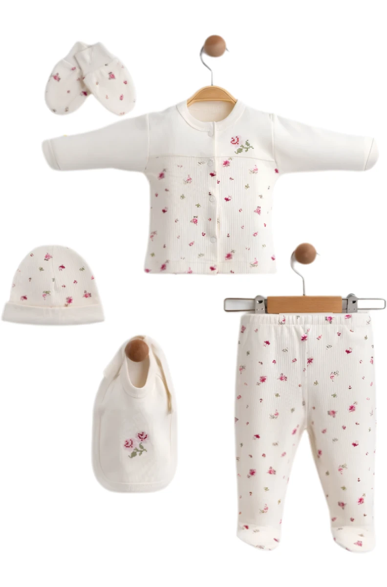 KANAVİÇE GÜL NAKIŞLI 5 Lİ BEBE ZIBIN SET 7669