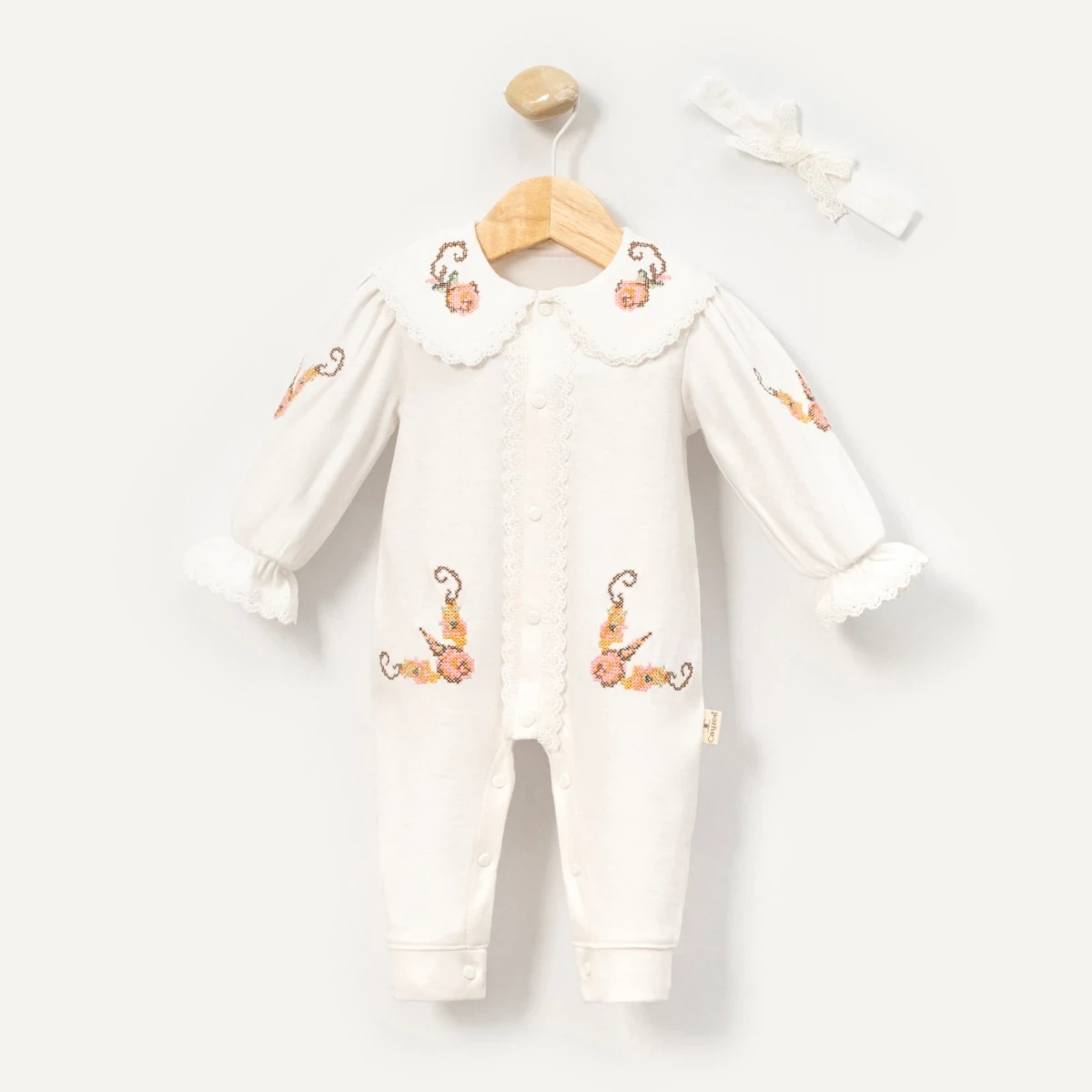 KANAVİÇE NAKIŞLI PAMUKLU KIZ BEBE TULUM 1167