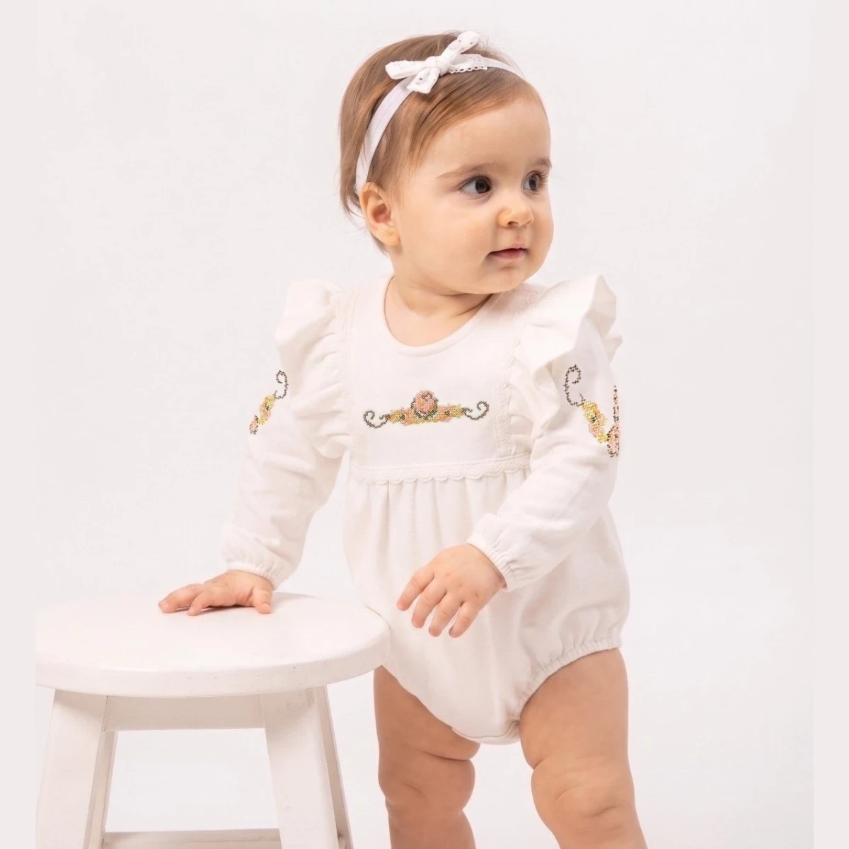 KANAVİÇE NAKIŞLI PAMUKLU KIZ BEBE TULUM 1168