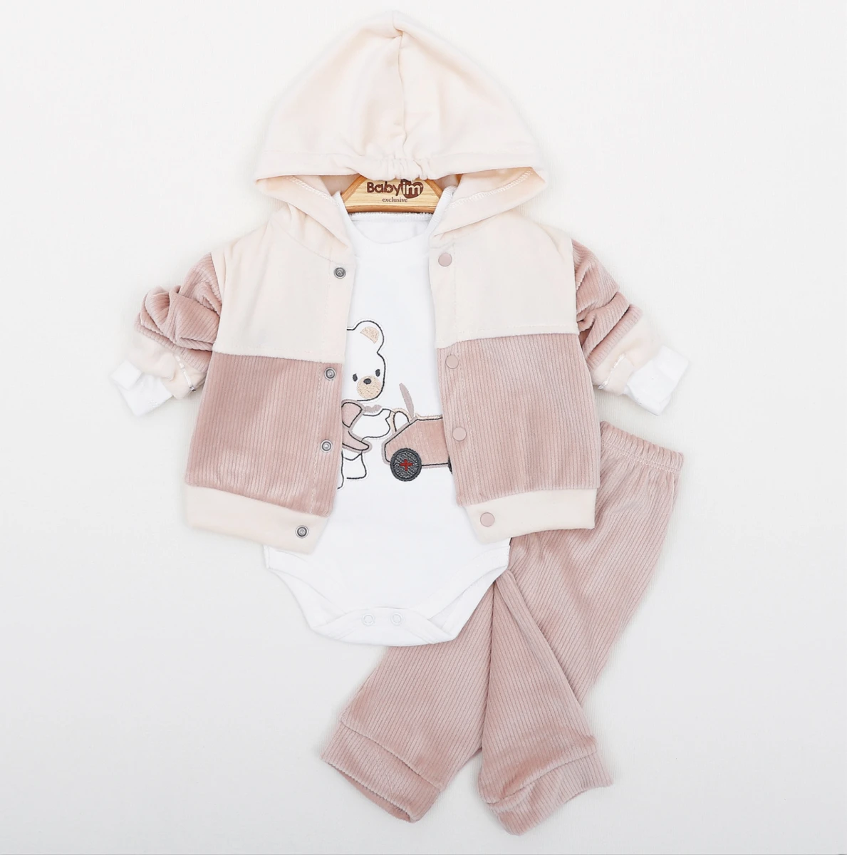  KAPÜŞONLU 3 LÜ KADİFE BEBE TAKIM 2449