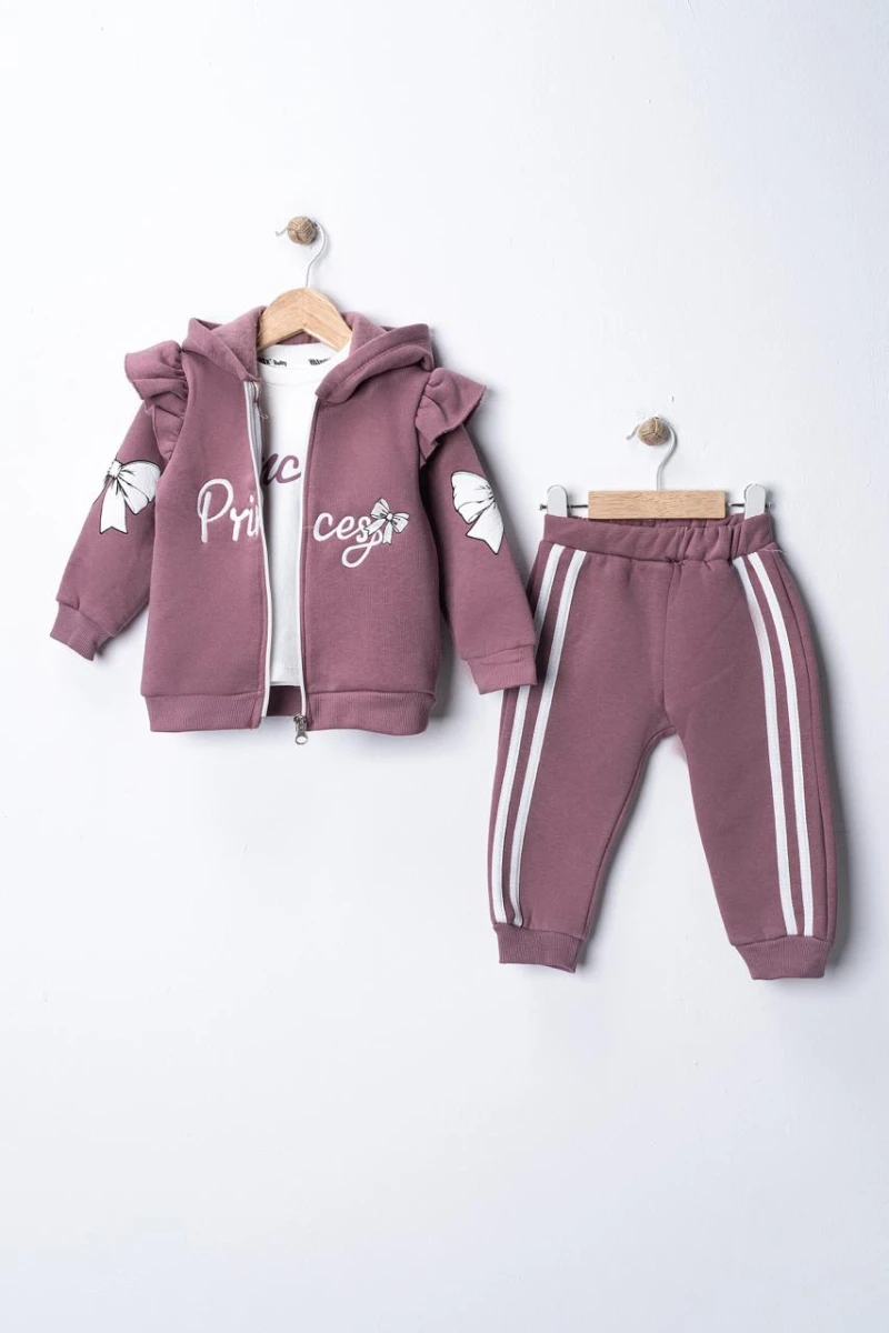 KAPÜŞONLU BİYELİ 3 İP KIZ BEBE TAKIM 26239