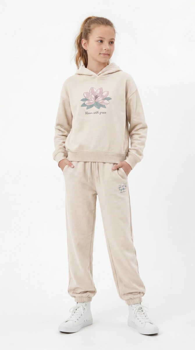 KAPÜŞONLU FLOWER 2 İP KIZ ÇOCUK EŞOFMAN TAKIM KC11338