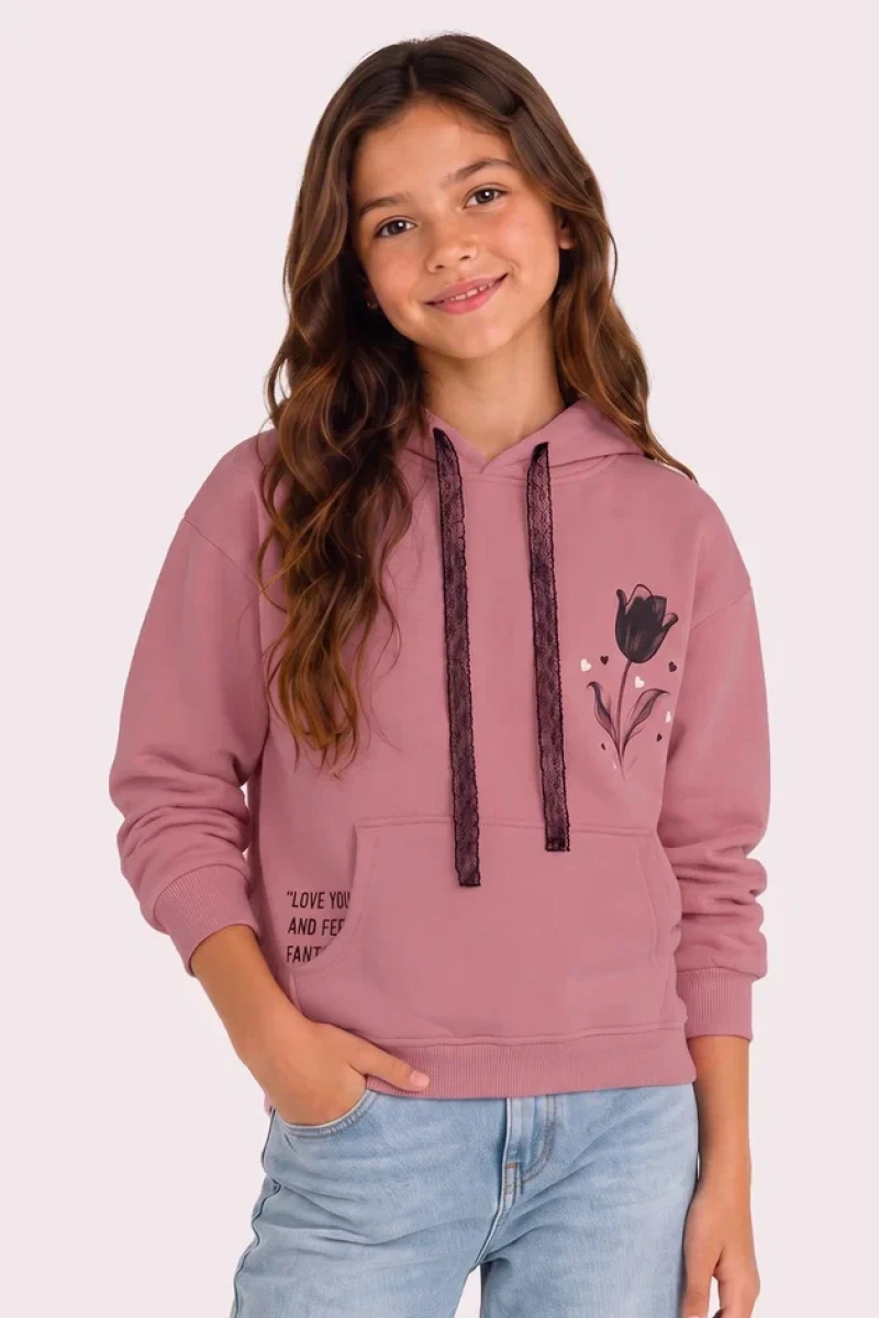 KAPÜŞONLU GÜLLÜ 3 İP KIZ ÇOCUK SWEAT R26867