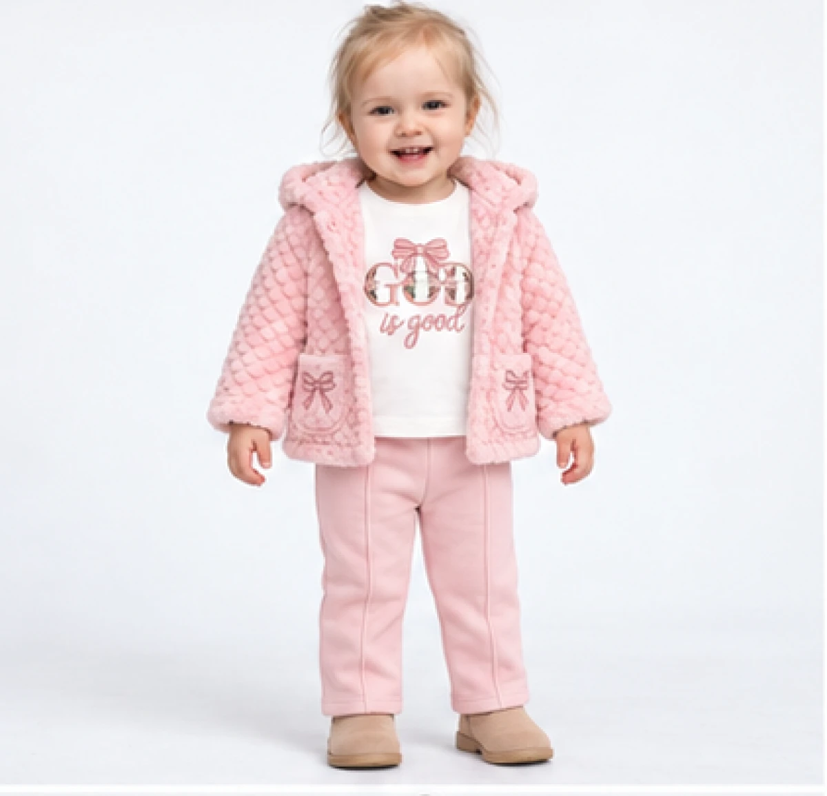 KAPÜŞONLU PELUŞ HIRKALI 3 LÜ KIZ BEBE TAKIM  8530