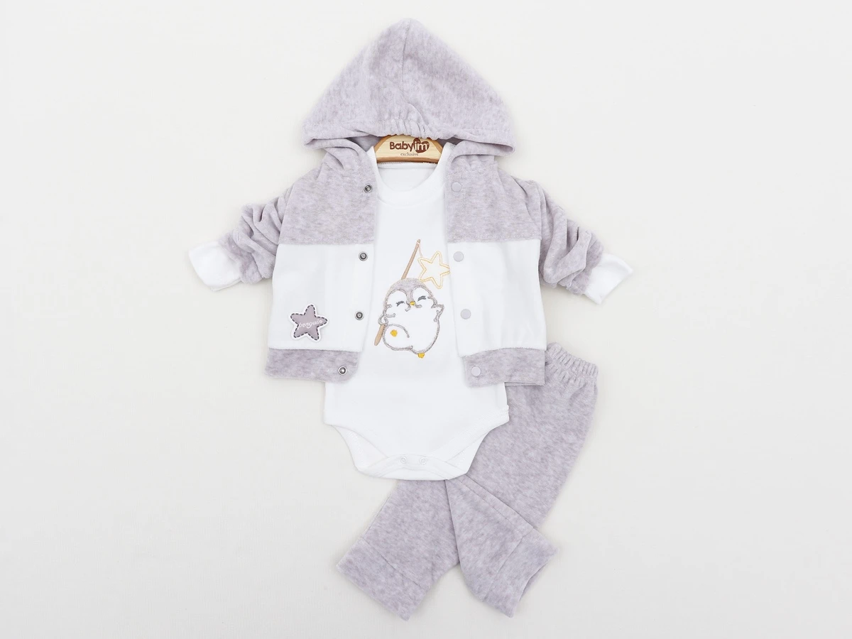 KAPÜŞONLU PENGUEN 3 LÜ KADİFE BEBE TAKIM 2462