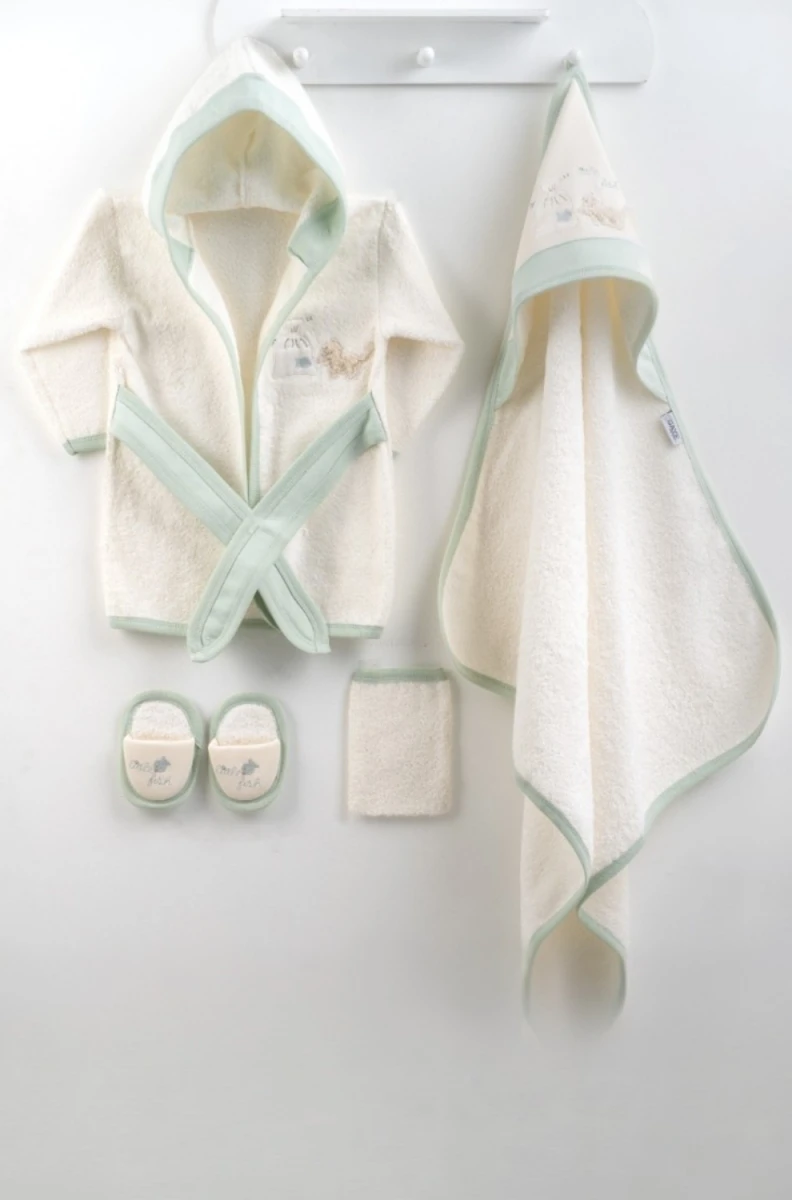 KEDİ NAKIŞLI BEBE BORNOZ SET 8804