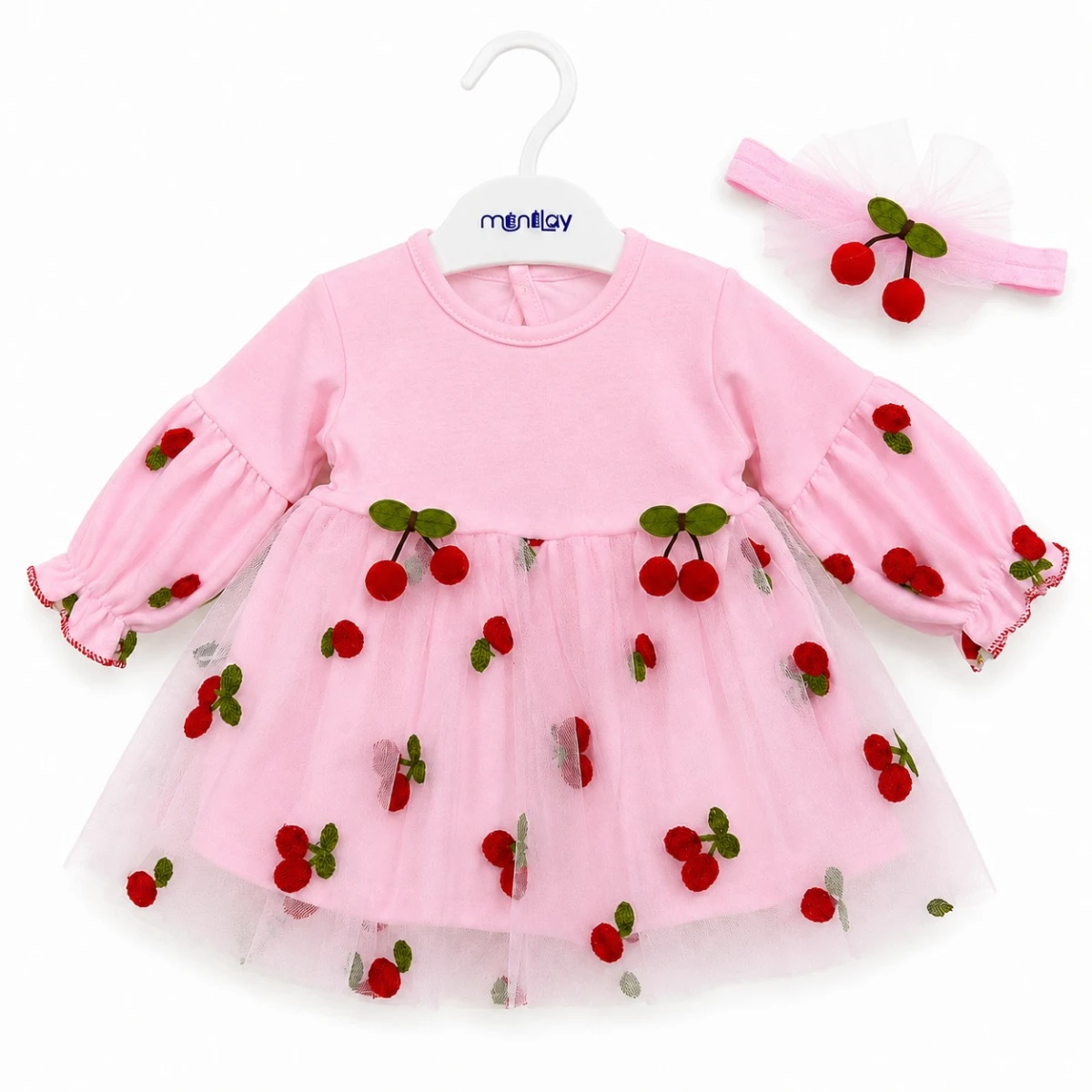 KİRAZLI BANDANALI KIZ BEBE ELBİSE 1184