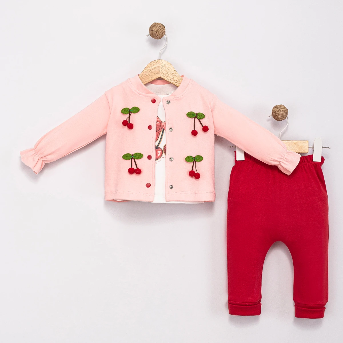 KİRAZLI PAMUKLU 3 LÜ KIZ BEBE TAKIM 6138