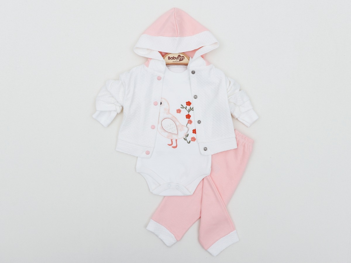 KUŞ NAKIŞLI 3 LÜ KAPŞONLU KIZ BEBE TAKIM 2307