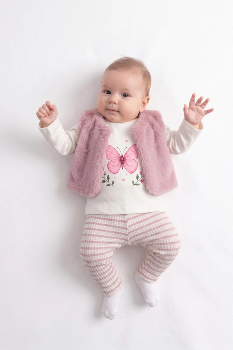 KUZU YELEKLİ KELEBEKLİ 3 LÜ KIZ BEBE TAKIM 5033