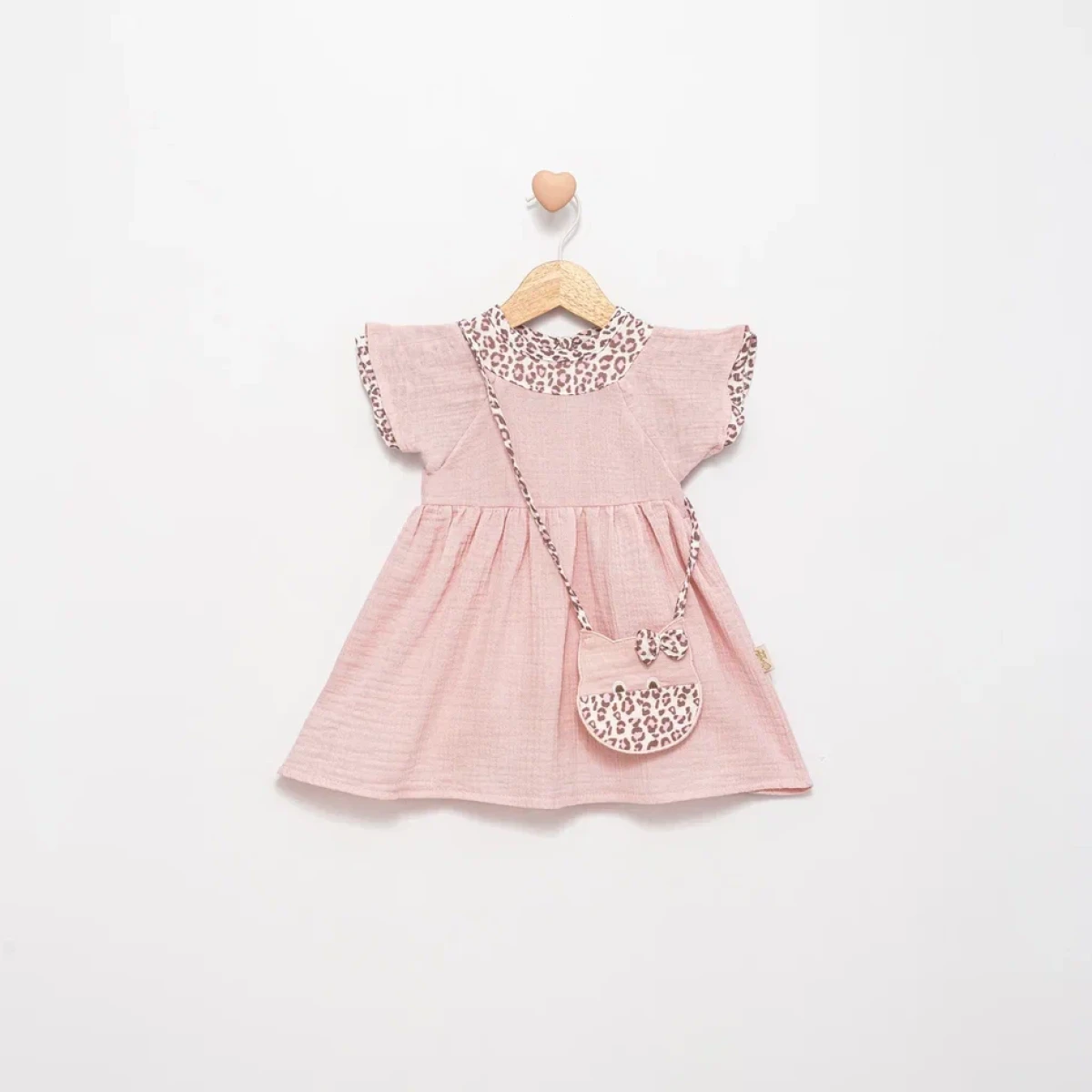 LEOPAR TEMALI MÜSLİN ÇANTALI KIZ BEBE ELBİSE 3181