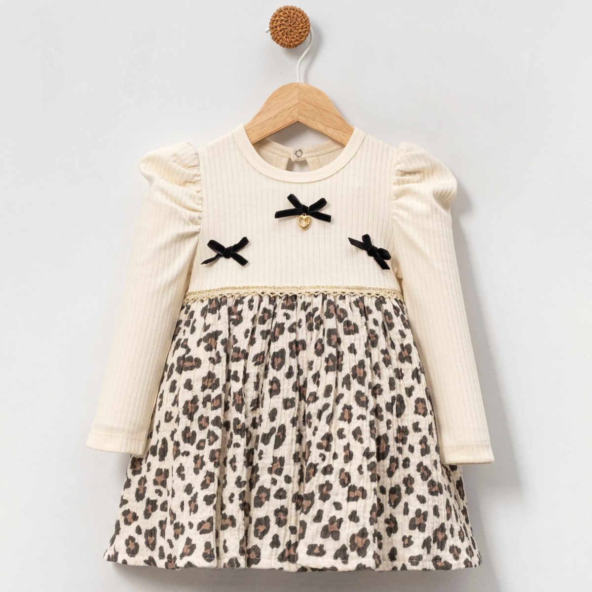 LEOPARLI BASKILI FİYONKLU BEBE ELBİSE 5009